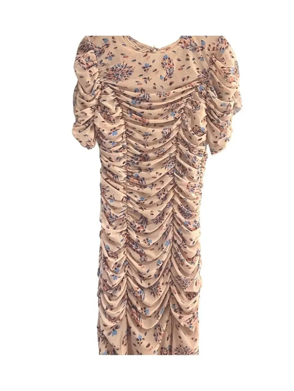 NEW! Free People Briella Ruched Midi Dress‎ Floral Tea Combo Puff Sleeve Size XS